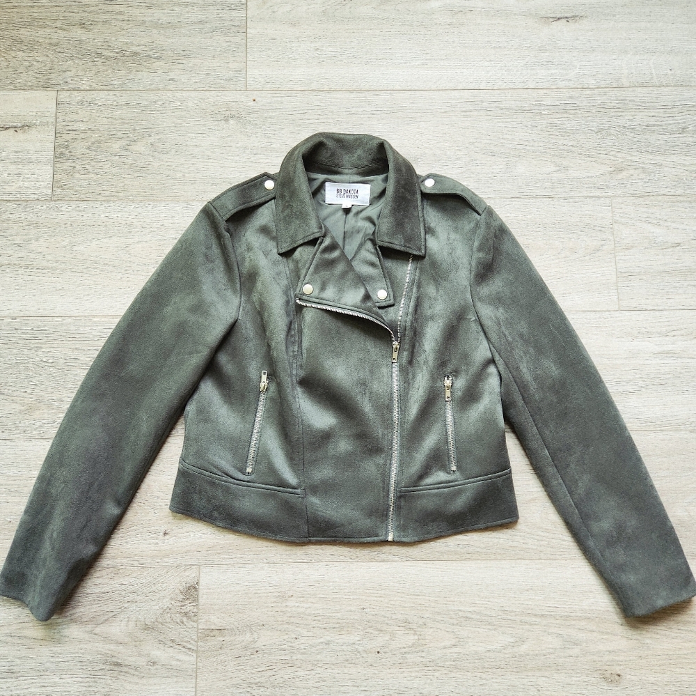 BB Dakota by Steve Madden Green Faux Suede Moto Jacket Womens Large Vegan